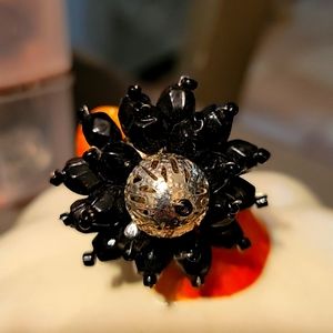 Handmade black and silver beaded ring